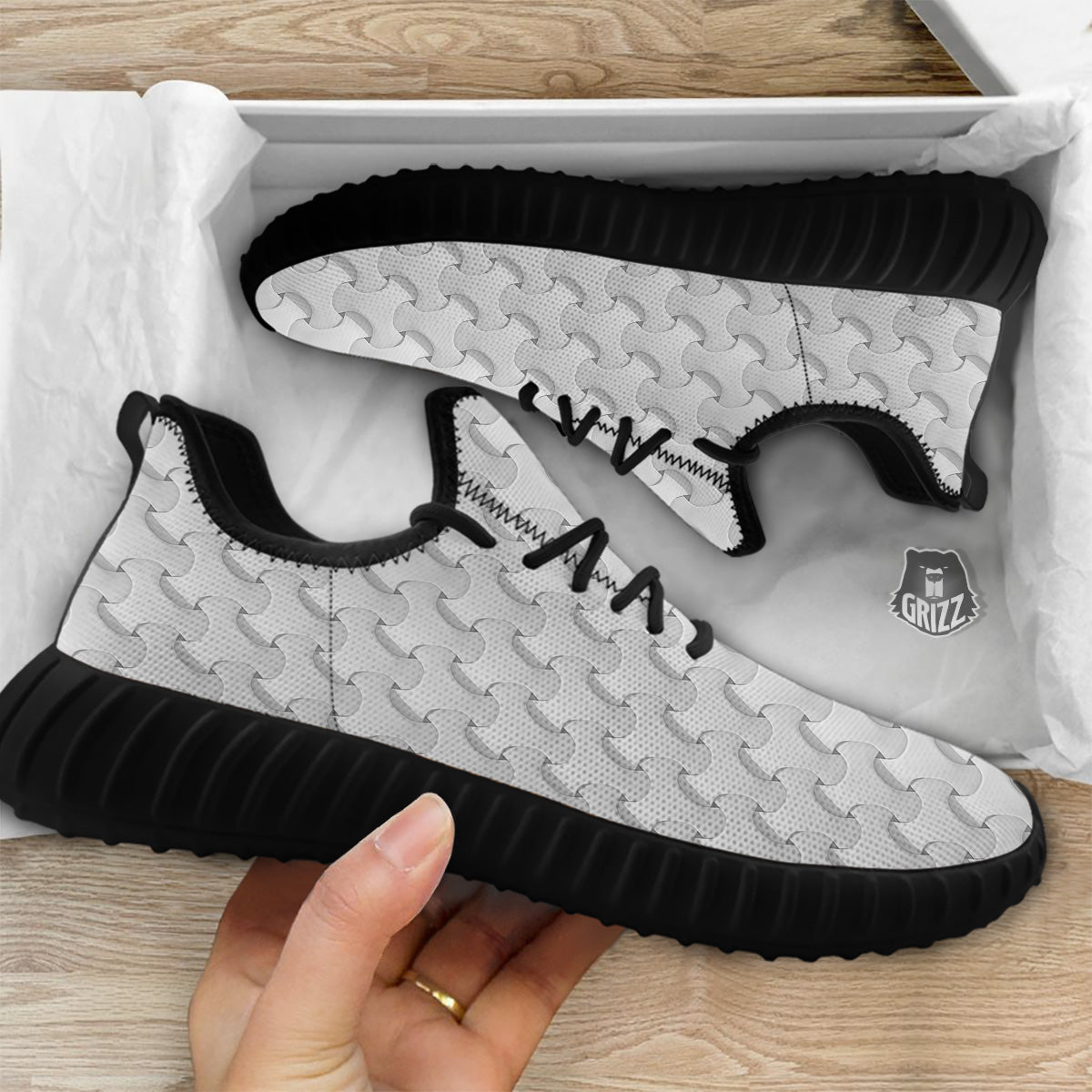 White Abstract 3D Geometric Print Pattern Black Walking Shoes-grizzshop