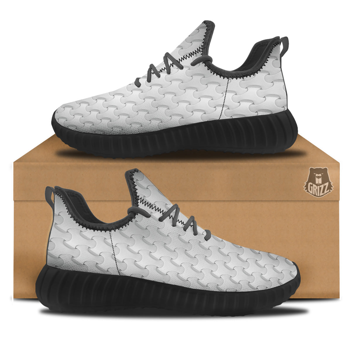 White Abstract 3D Geometric Print Pattern Black Walking Shoes-grizzshop