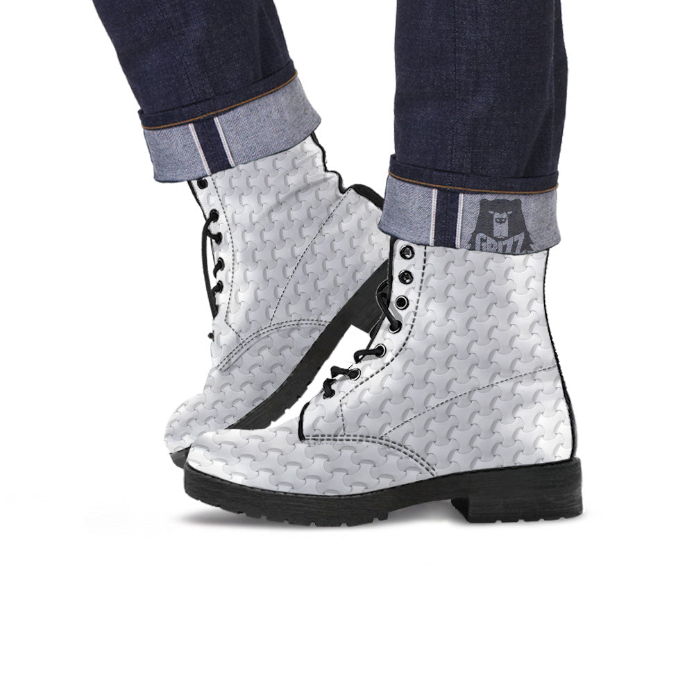 White Abstract 3D Geometric Print Pattern Leather Boots-grizzshop