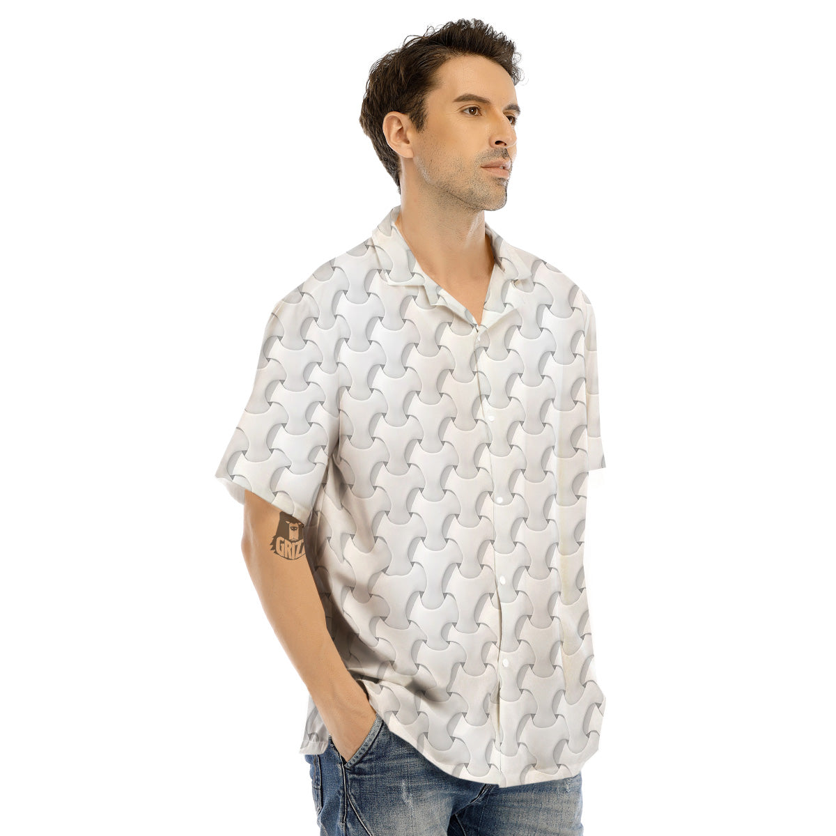 White Abstract 3D Geometric Print Pattern Men's Hawaiian Shirt-grizzshop