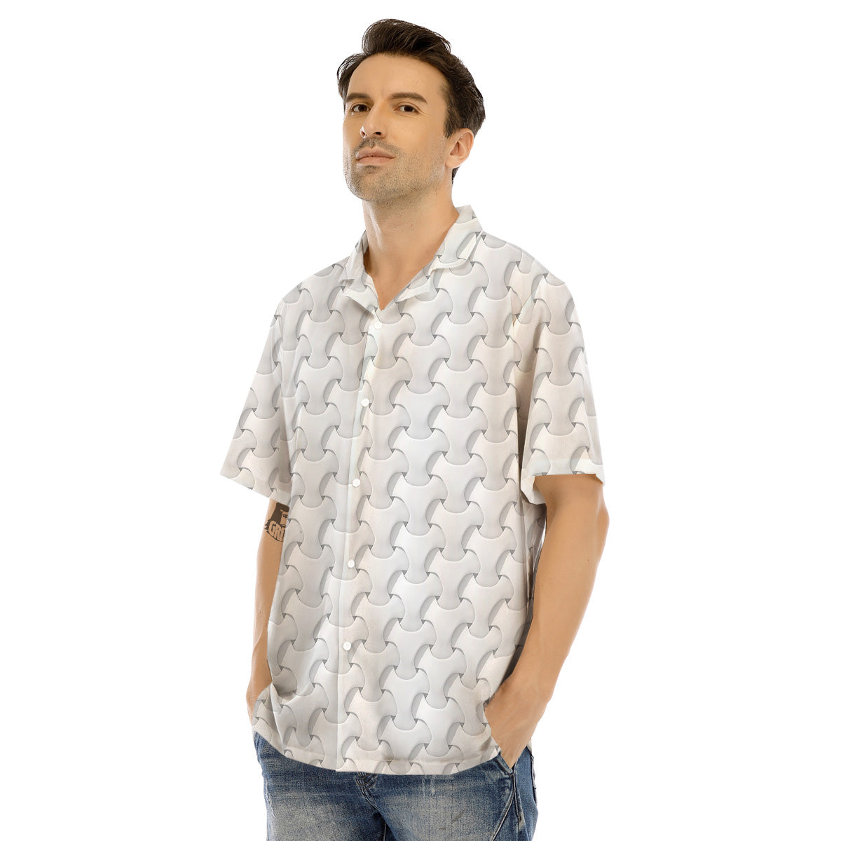 White Abstract 3D Geometric Print Pattern Men's Hawaiian Shirt-grizzshop