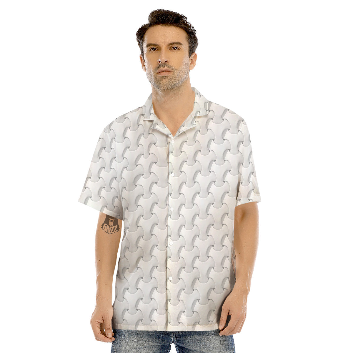 White Abstract 3D Geometric Print Pattern Men's Hawaiian Shirt-grizzshop