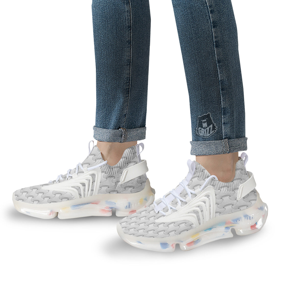 White Abstract 3D Geometric Print Pattern White Gym Shoes-grizzshop