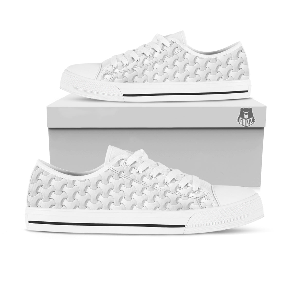 White Abstract 3D Geometric Print Pattern White Low Top Shoes-grizzshop