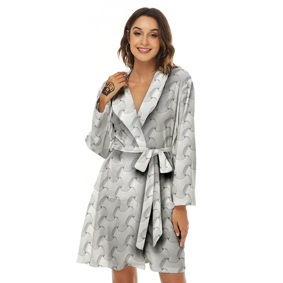 White Abstract 3D Geometric Print Pattern Women's Robe-grizzshop