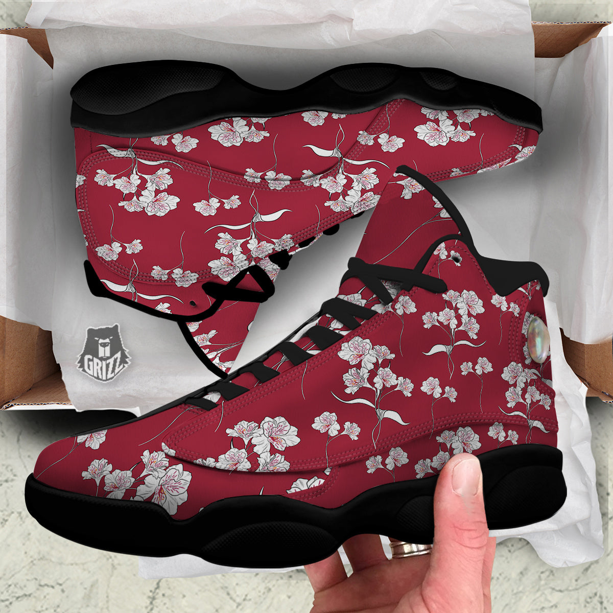 White Alstroemeria Red Print Pattern Black Basketball Shoes-grizzshop