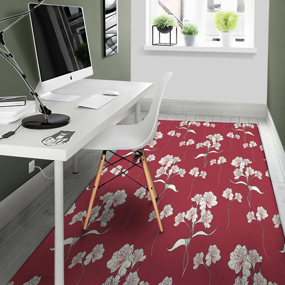 White Alstroemeria Red Print Pattern Floor Mat-grizzshop