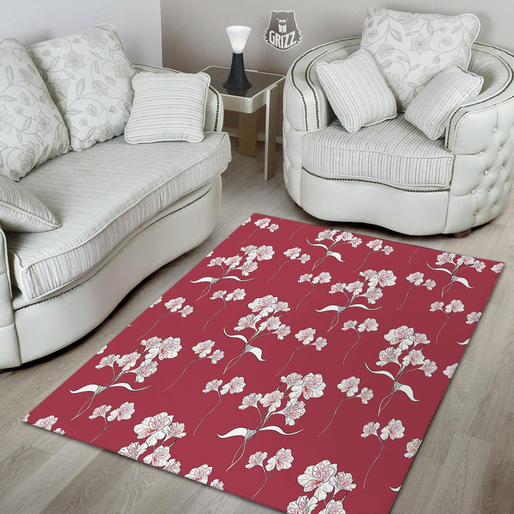 White Alstroemeria Red Print Pattern Floor Mat-grizzshop