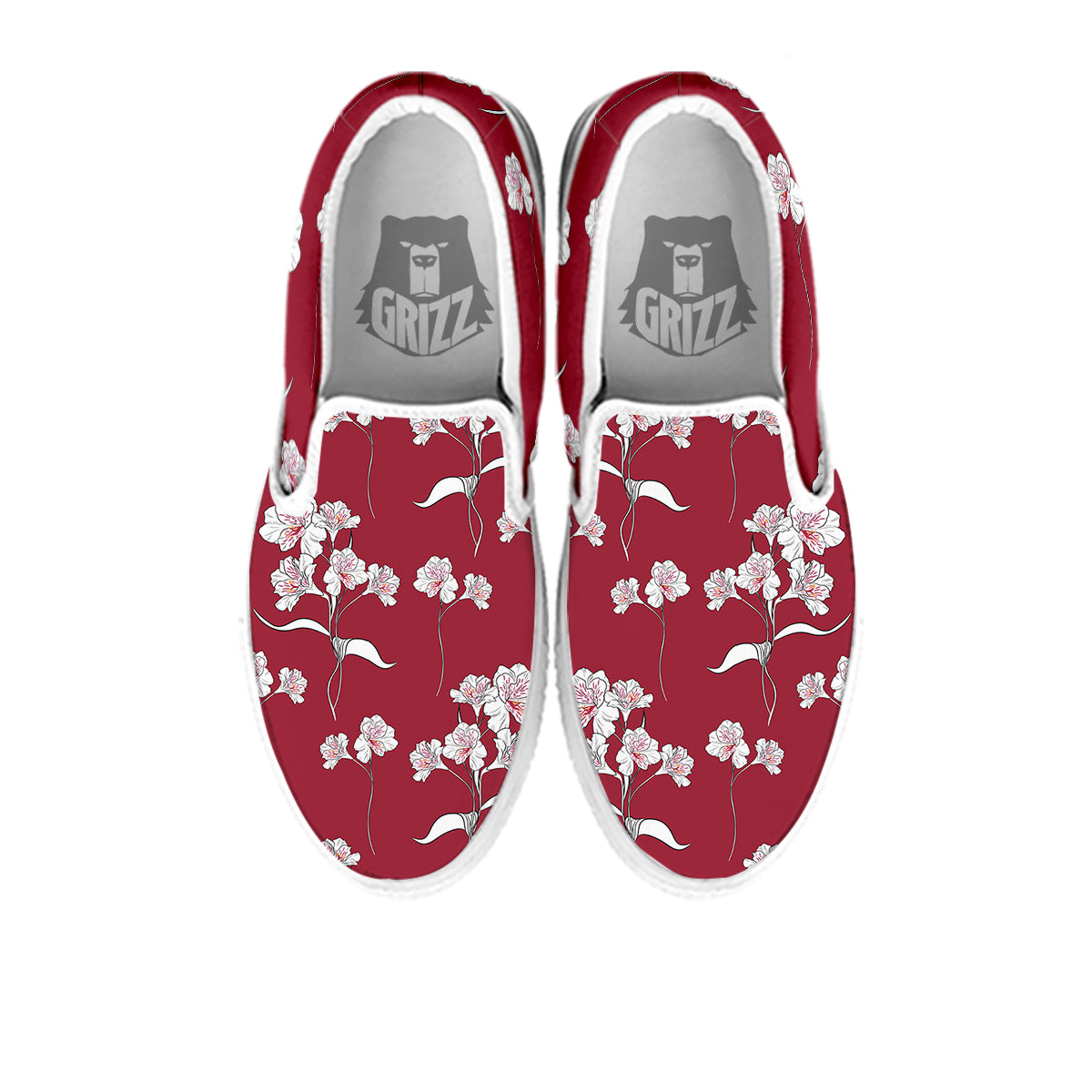 White Alstroemeria Red Print Pattern White Slip On Shoes-grizzshop