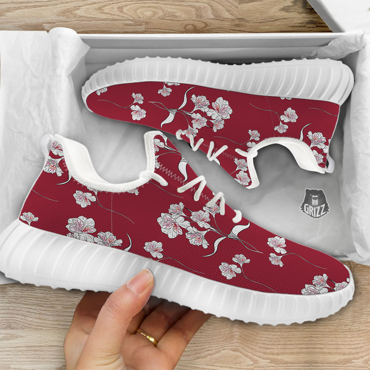 White Alstroemeria Red Print Pattern White Walking Shoes-grizzshop
