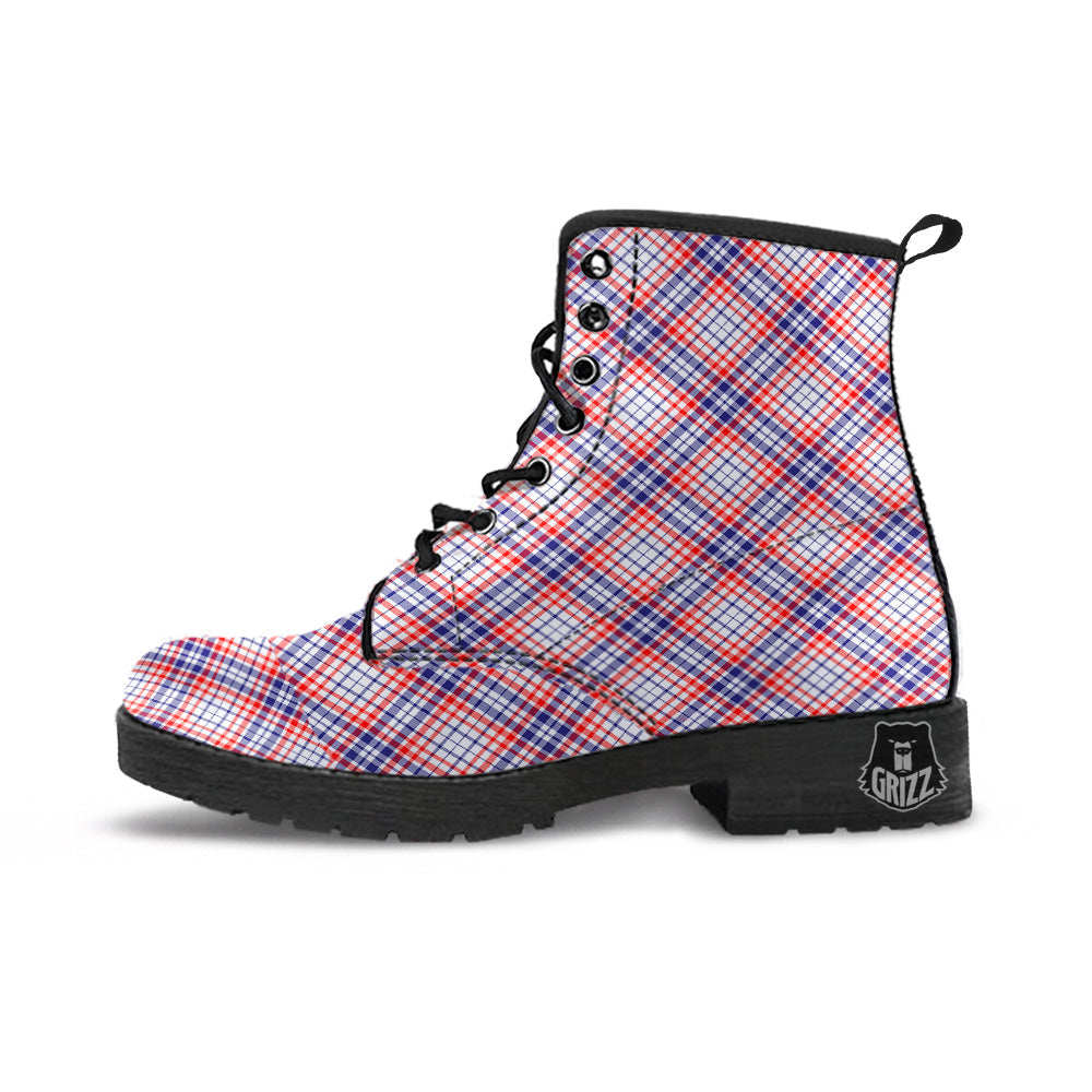 White American Plaid And Blue Red Print Leather Boots-grizzshop