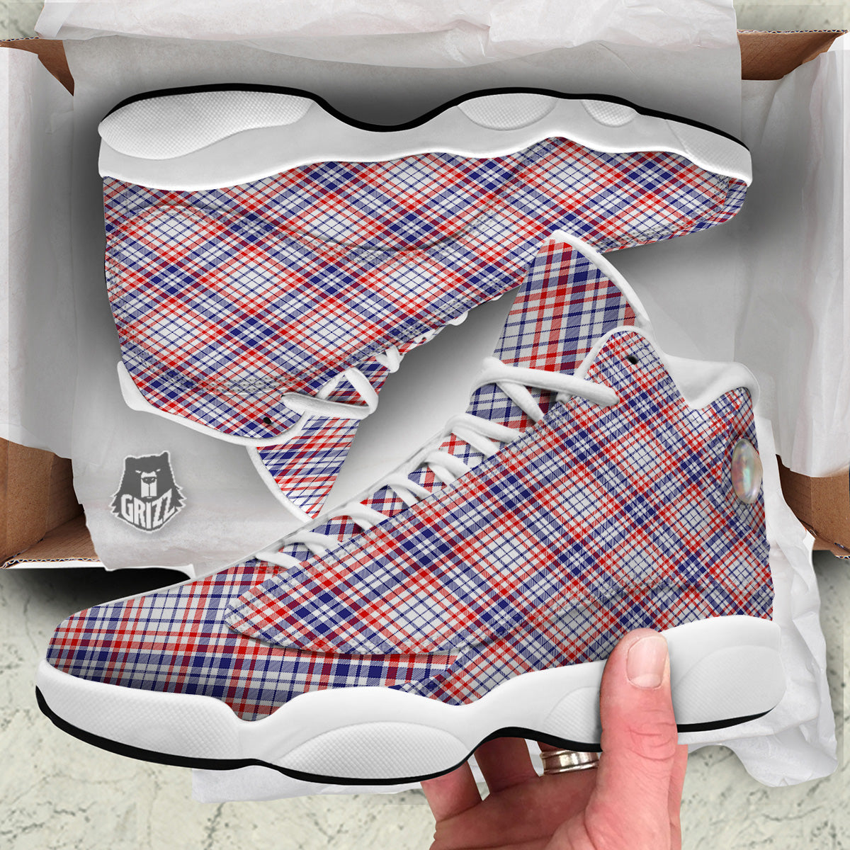 White American Plaid And Blue Red Print White Basketball Shoes-grizzshop
