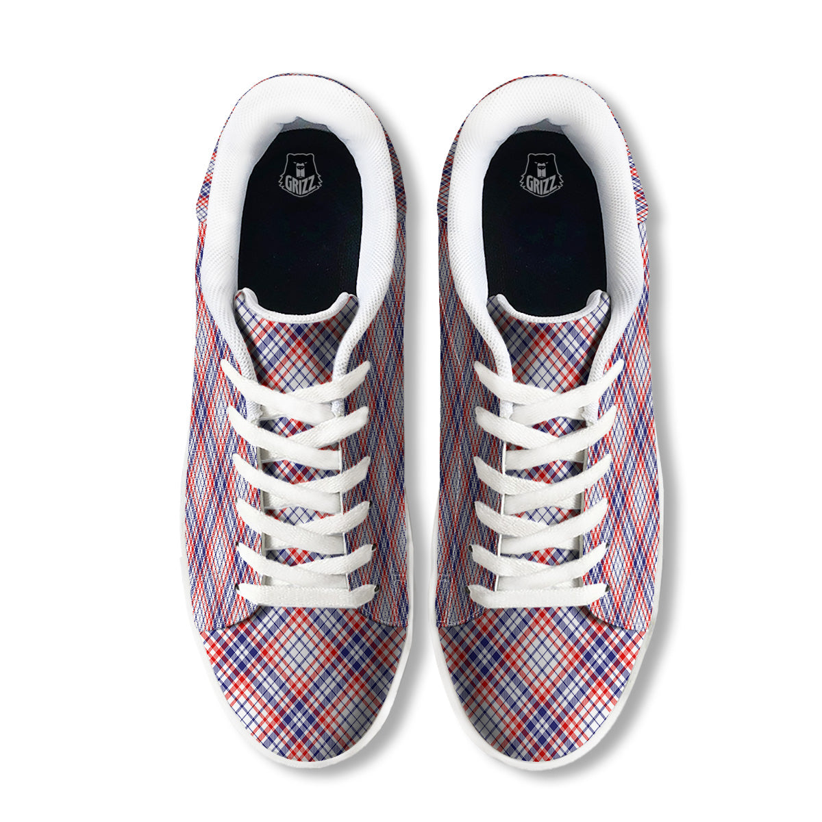 White American Plaid And Blue Red Print White Low Top Sneakers-grizzshop