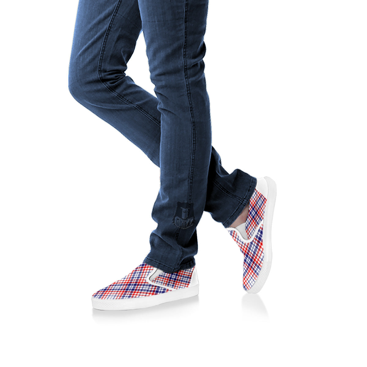 White American Plaid And Blue Red Print White Slip On Shoes-grizzshop
