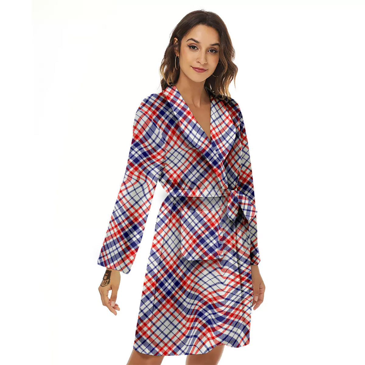 White American Plaid And Blue Red Print Women's Robe-grizzshop