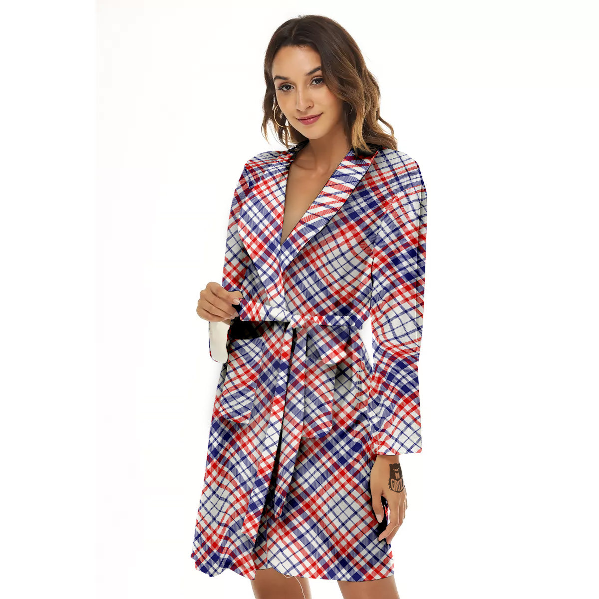 White American Plaid And Blue Red Print Women's Robe-grizzshop