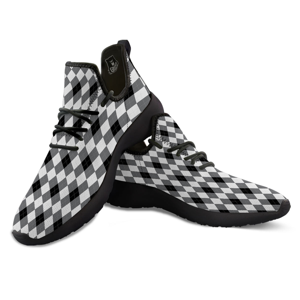 White And Black Argyle Print Pattern Black Athletic Shoes-grizzshop