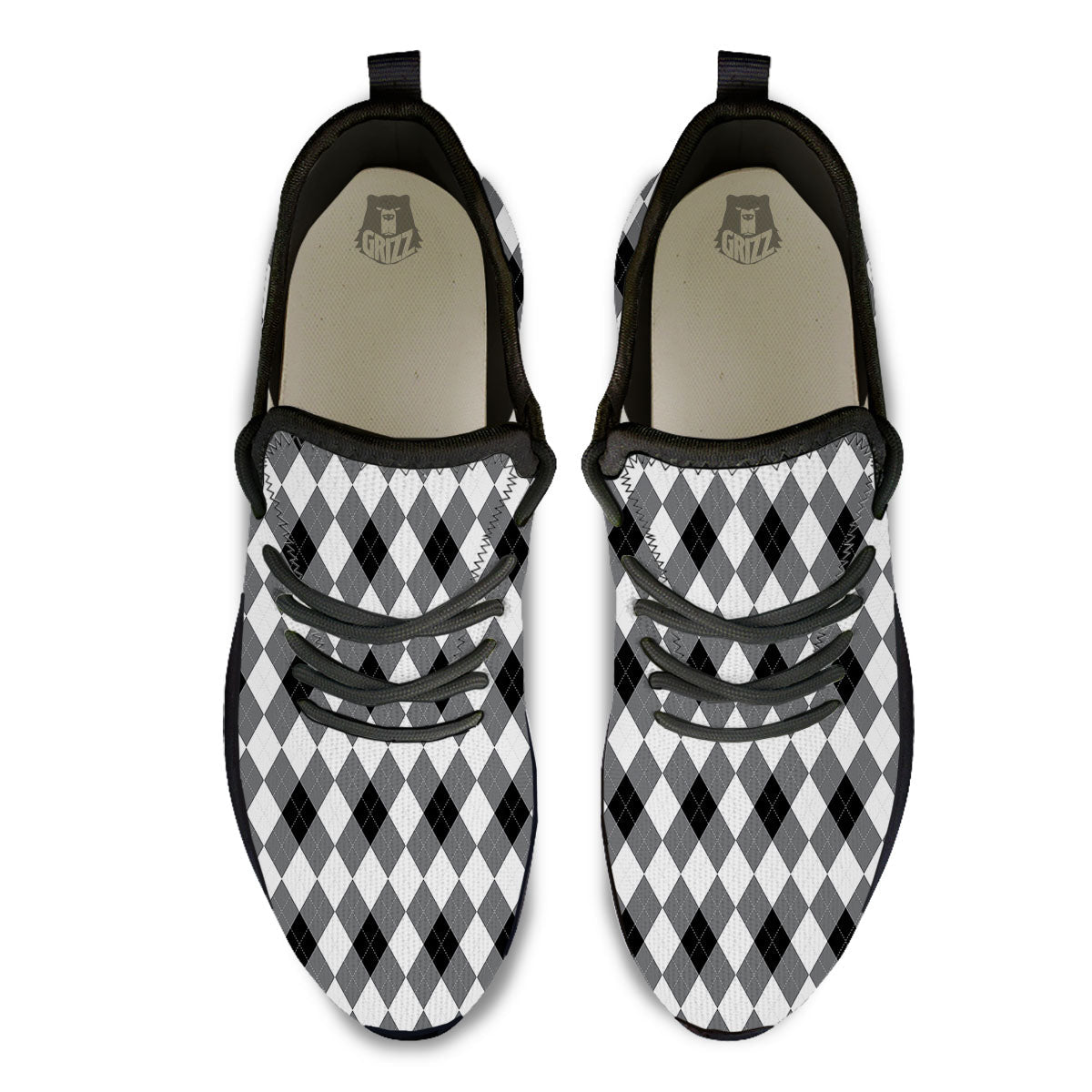 White And Black Argyle Print Pattern Black Athletic Shoes-grizzshop