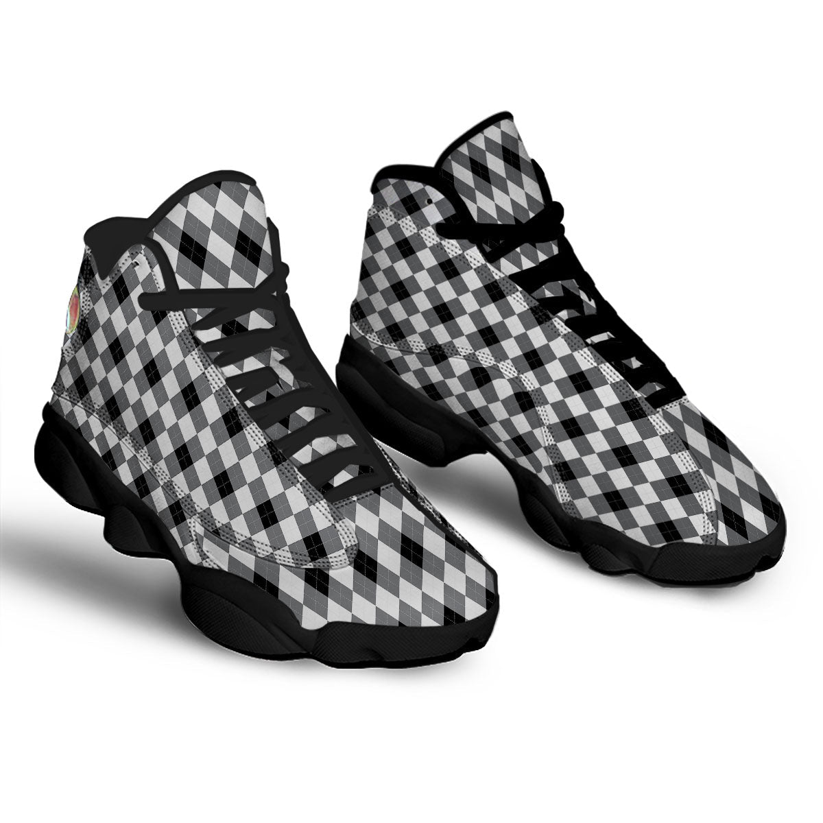 White And Black Argyle Print Pattern Black Basketball Shoes-grizzshop