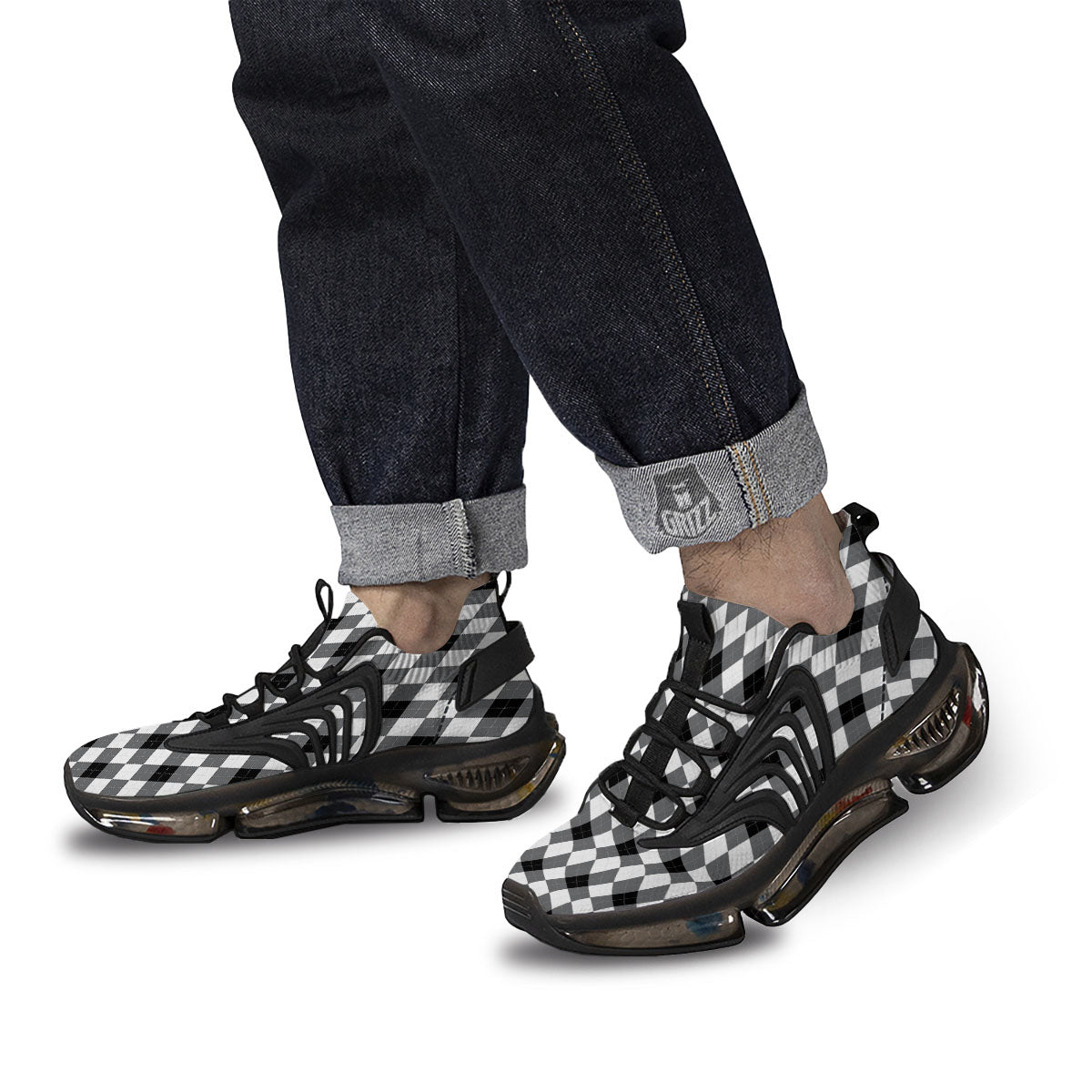White And Black Argyle Print Pattern Black Gym Shoes-grizzshop