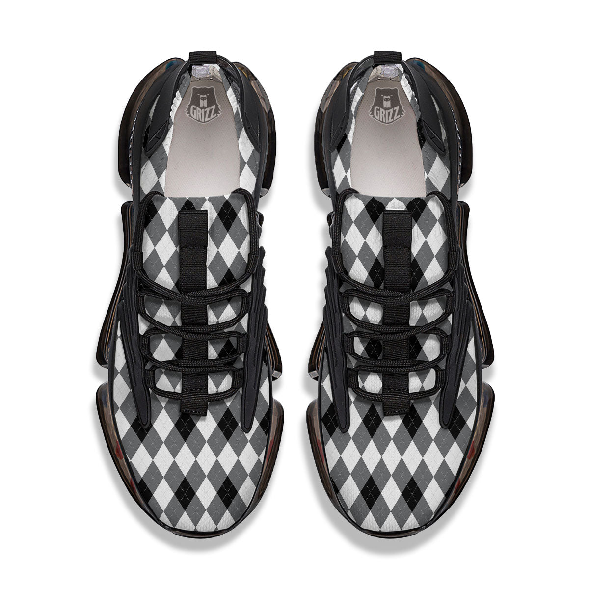 White And Black Argyle Print Pattern Black Gym Shoes-grizzshop