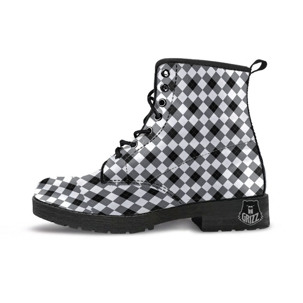 White And Black Argyle Print Pattern Leather Boots-grizzshop