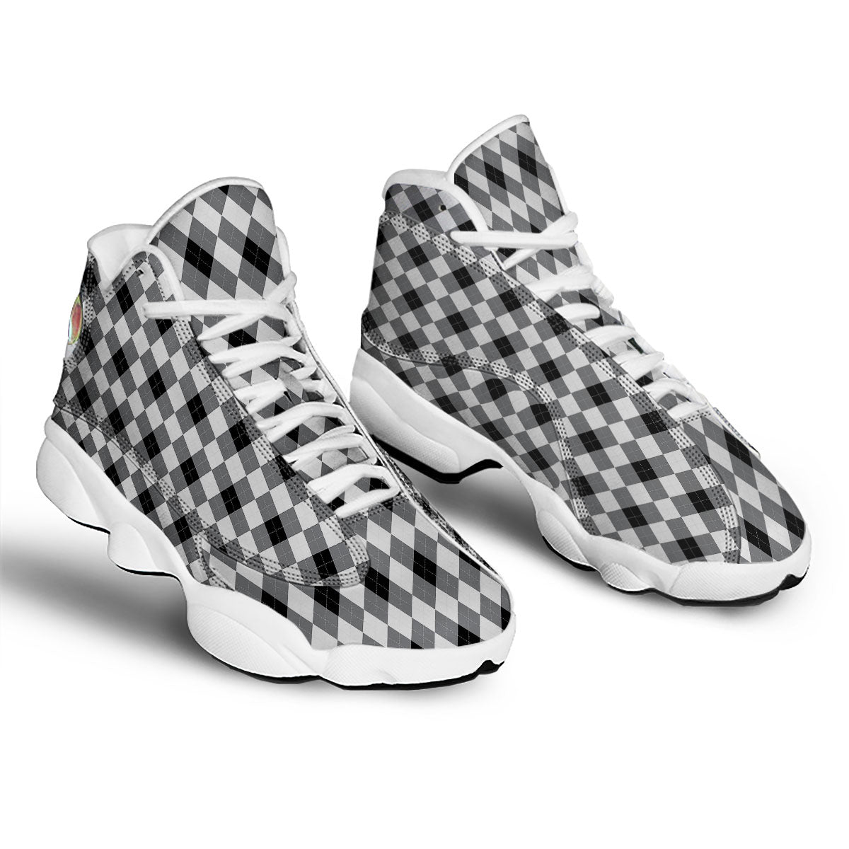 White And Black Argyle Print Pattern White Basketball Shoes-grizzshop