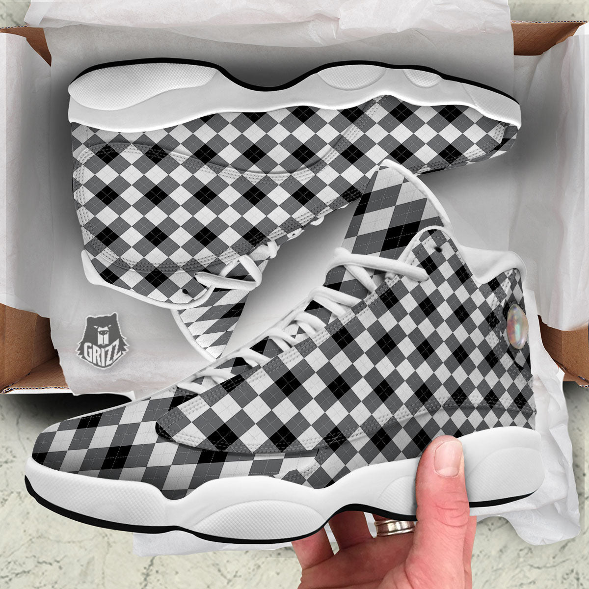 White And Black Argyle Print Pattern White Basketball Shoes-grizzshop