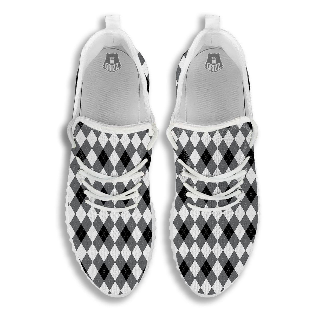 White And Black Argyle Print Pattern White Walking Shoes-grizzshop