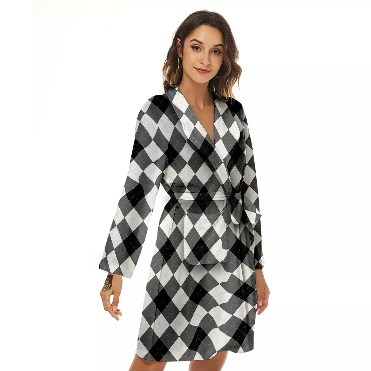 White And Black Argyle Print Pattern Women's Robe-grizzshop