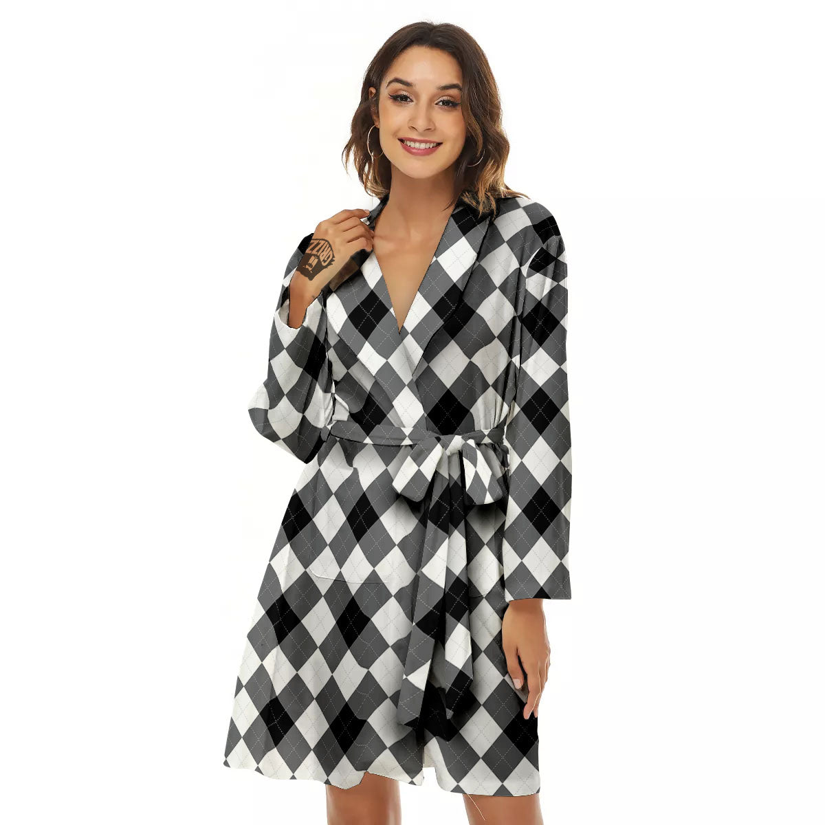 White And Black Argyle Print Pattern Women's Robe-grizzshop