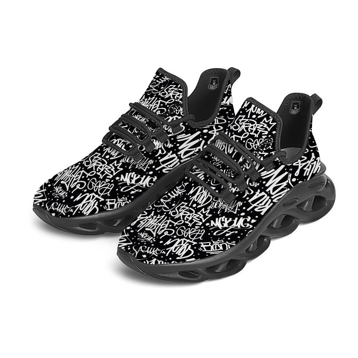 White And Black Graffiti Doodle Text Print Black Running Shoes-grizzshop