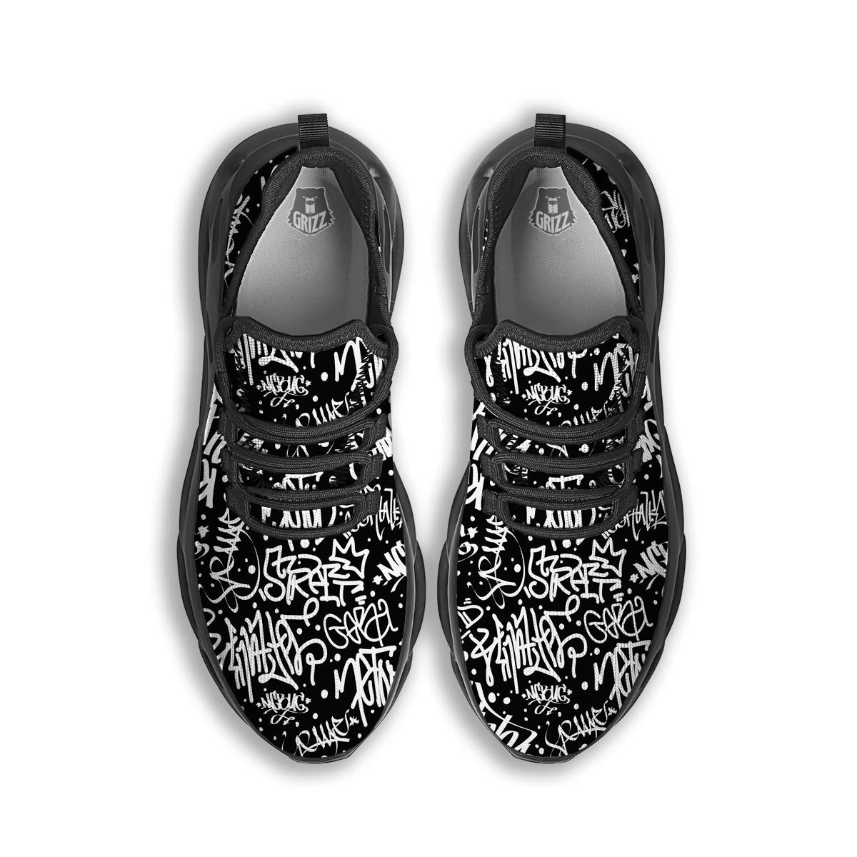 White And Black Graffiti Doodle Text Print Black Running Shoes-grizzshop