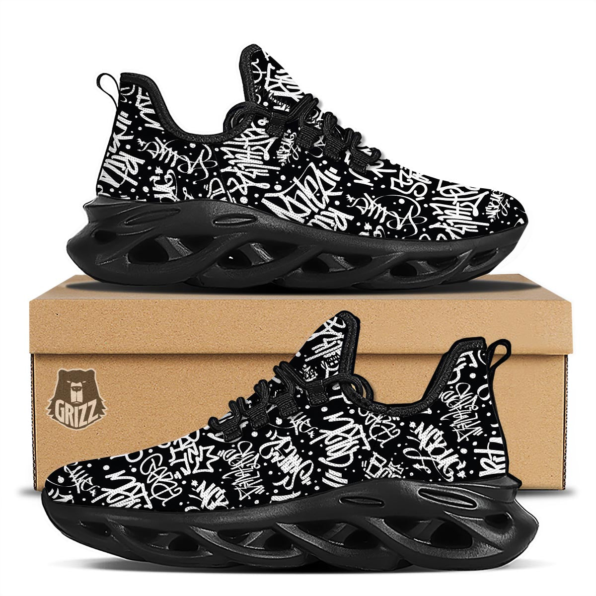 White And Black Graffiti Doodle Text Print Black Running Shoes-grizzshop