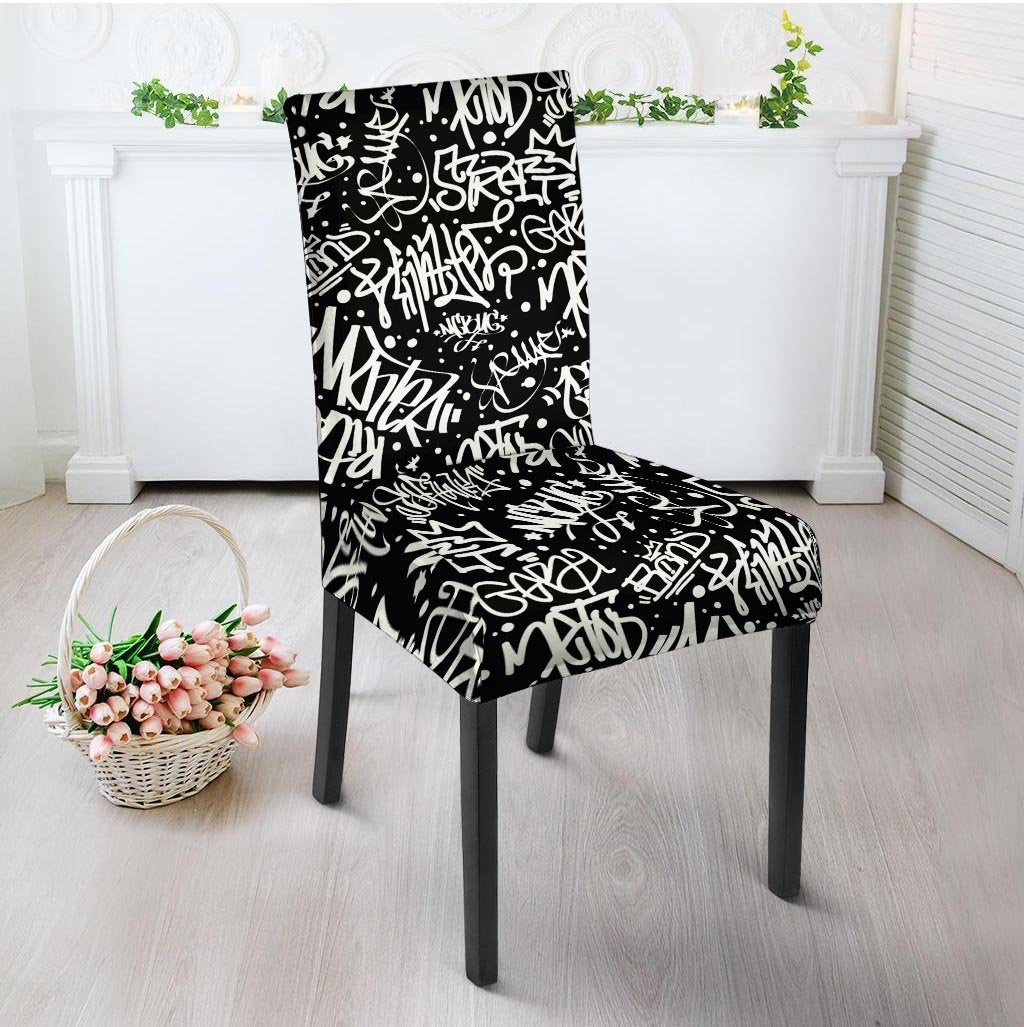 White And Black Graffiti Doodle Text Print Chair Cover-grizzshop