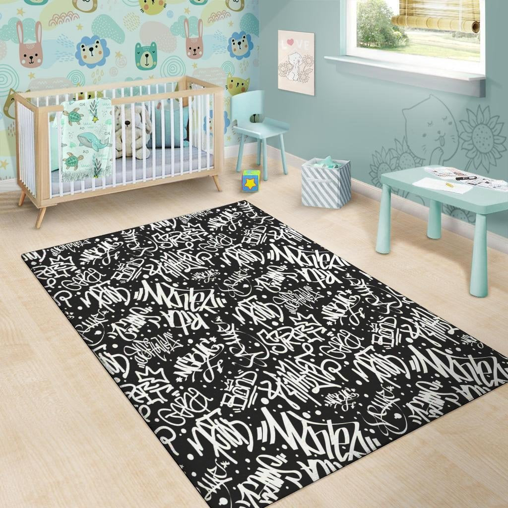 White And Black Graffiti Doodle Text Print Floor Mat-grizzshop