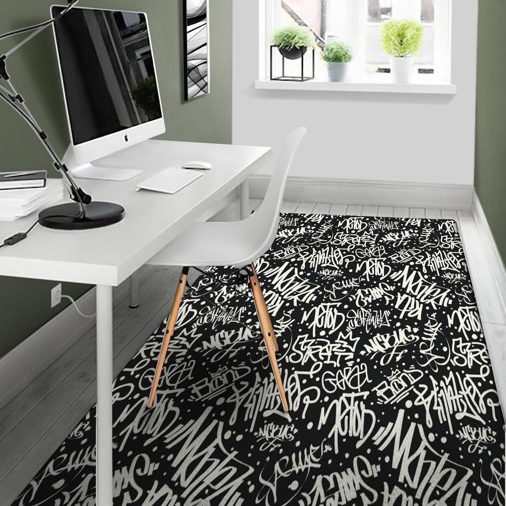 White And Black Graffiti Doodle Text Print Floor Mat-grizzshop