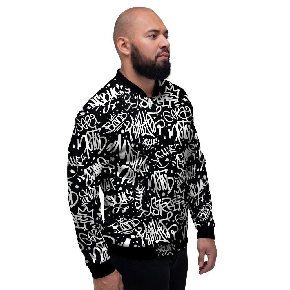 White And Black Graffiti Doodle Text Print Men's Bomber Jacket-grizzshop