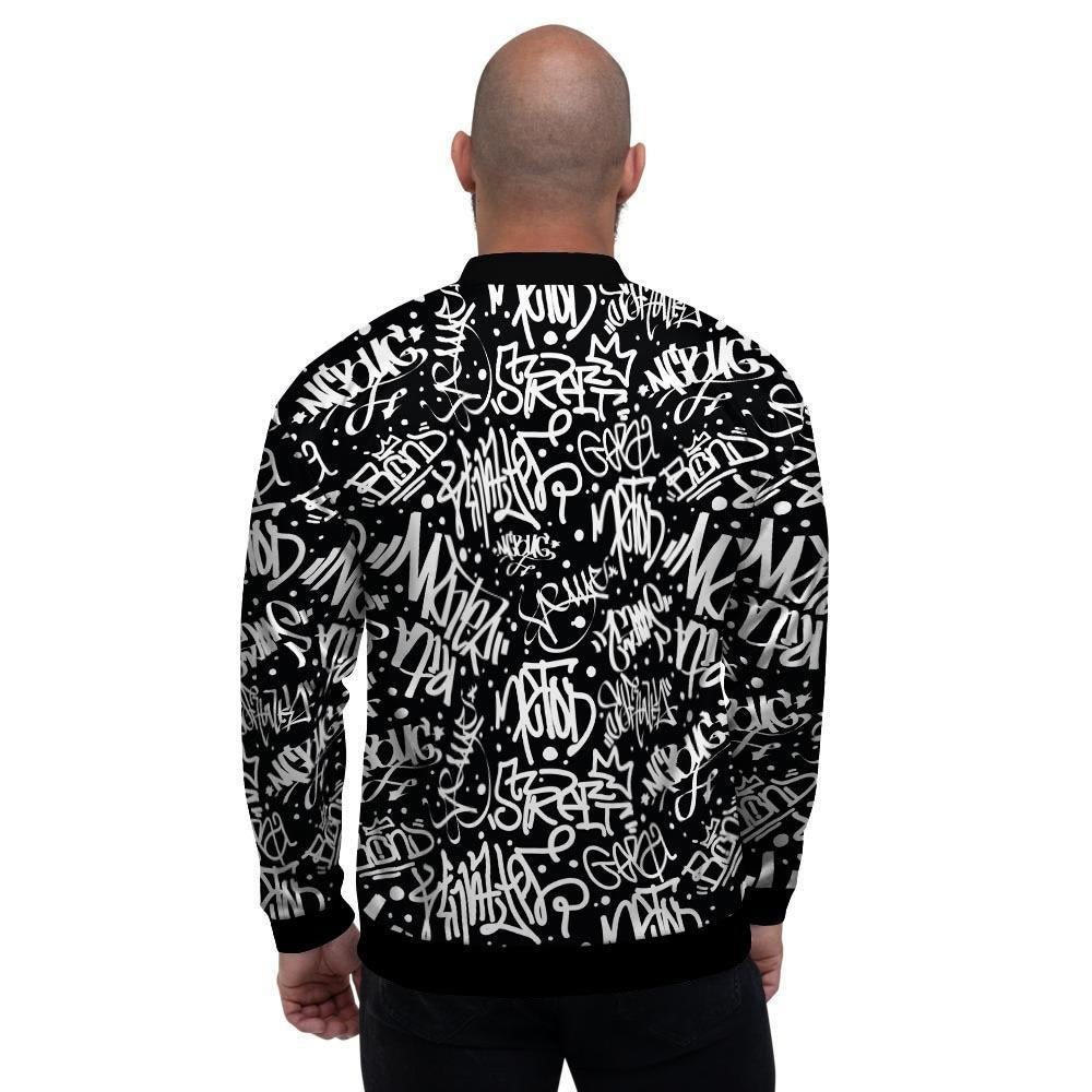White And Black Graffiti Doodle Text Print Men's Bomber Jacket-grizzshop
