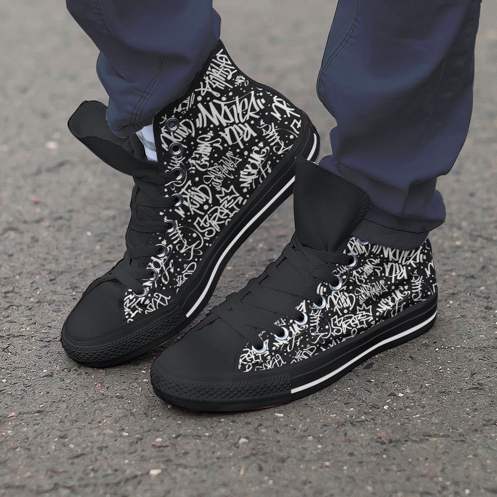 White And Black Graffiti Doodle Text Print Men's High Top Shoes-grizzshop