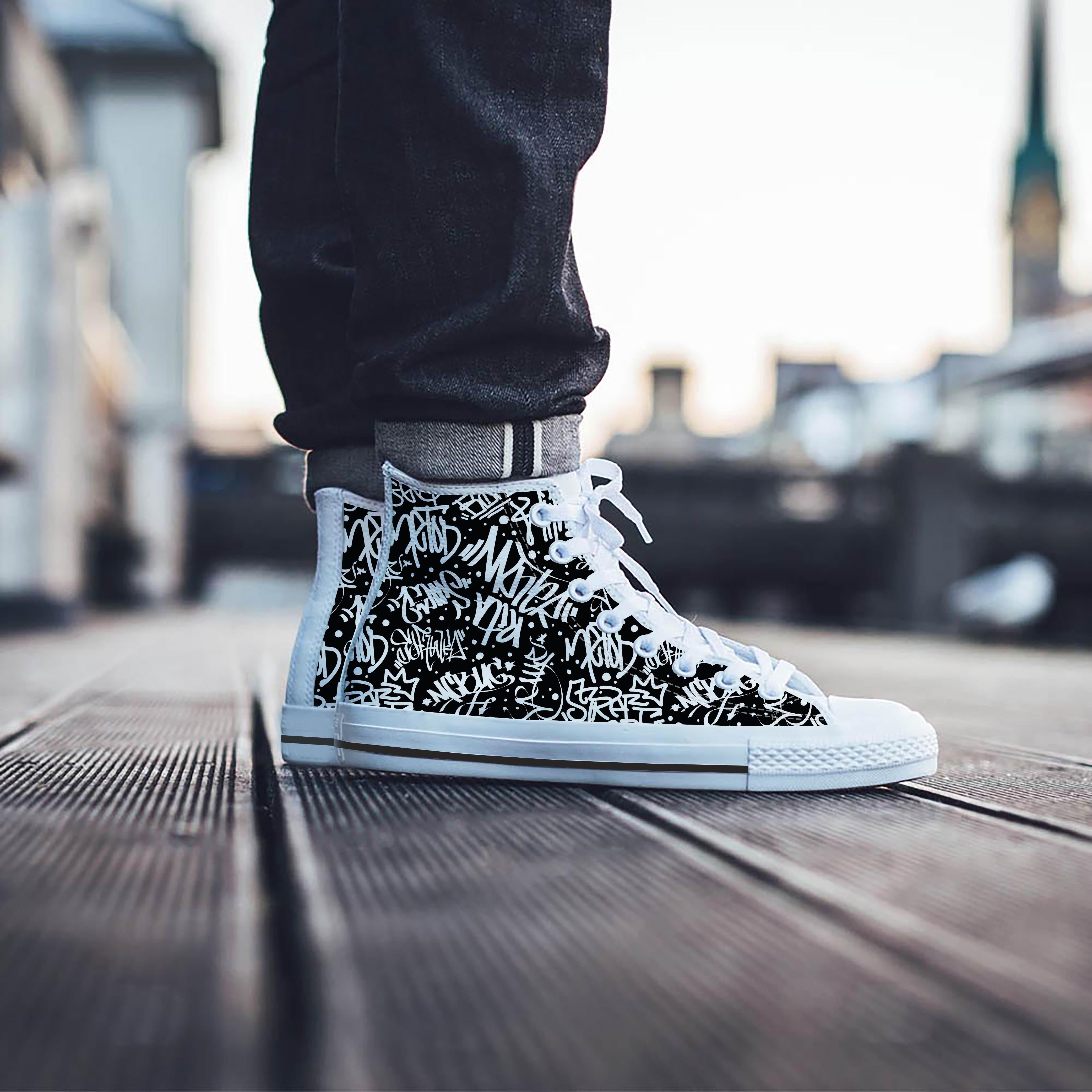 White And Black Graffiti Doodle Text Print Men's High Top Shoes-grizzshop