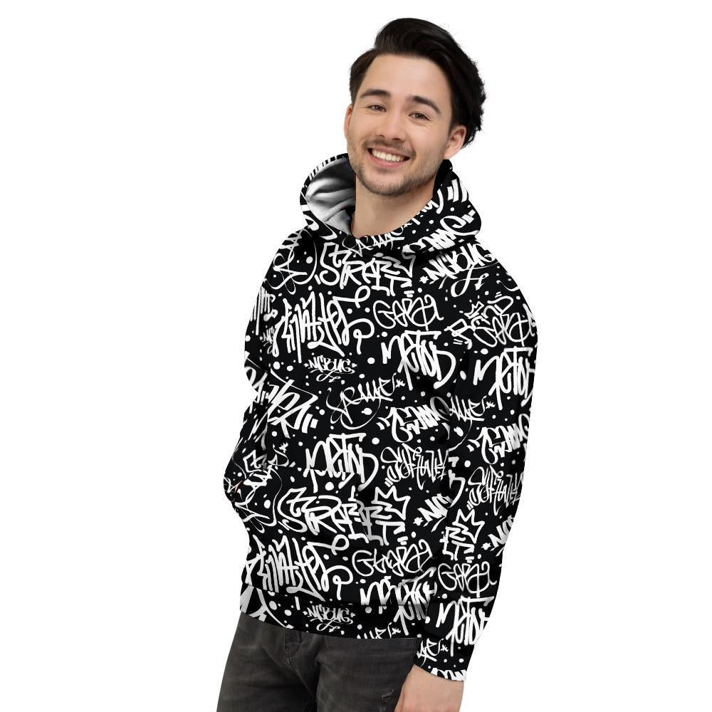 White And Black Graffiti Doodle Text Print Men's Hoodie-grizzshop