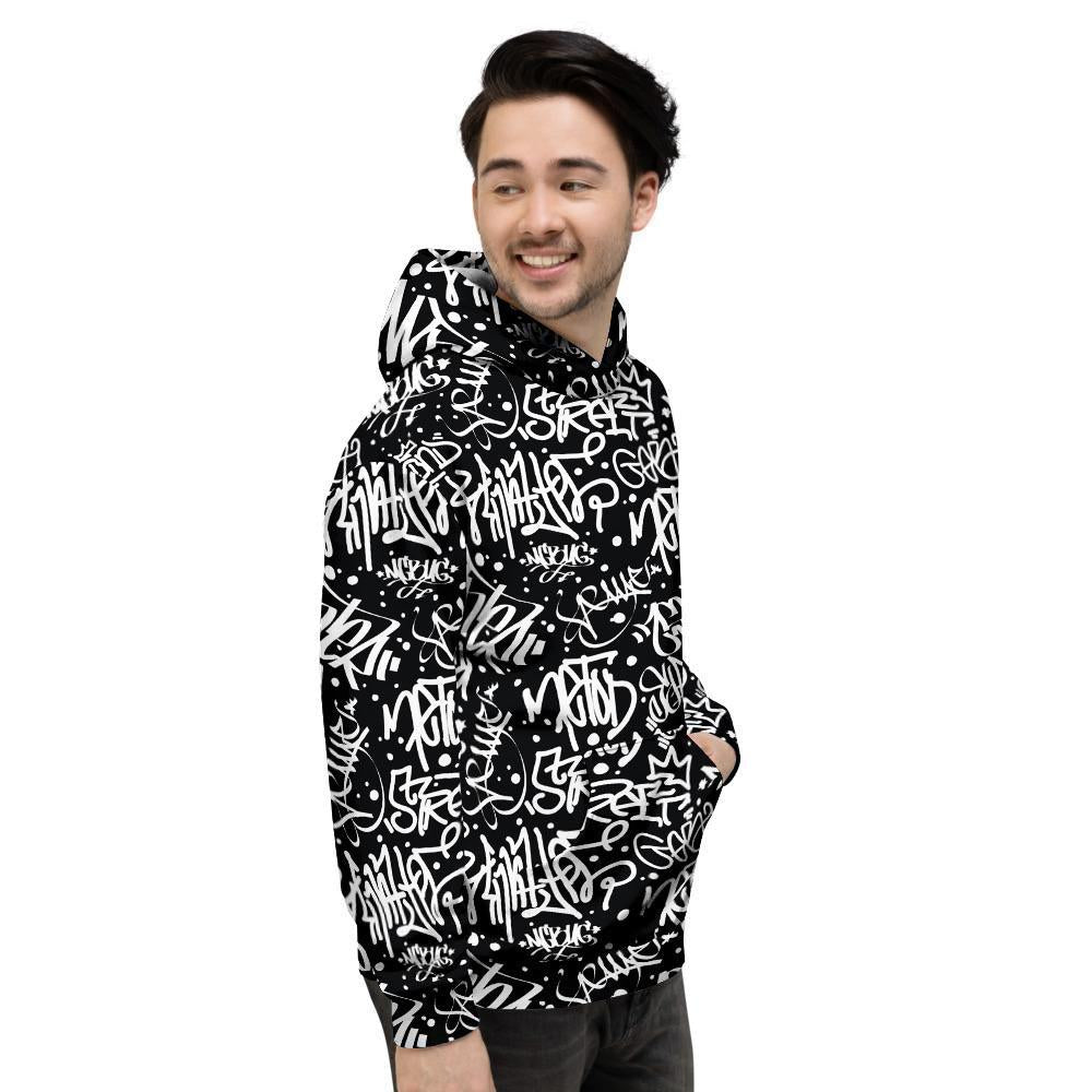 White And Black Graffiti Doodle Text Print Men's Hoodie-grizzshop