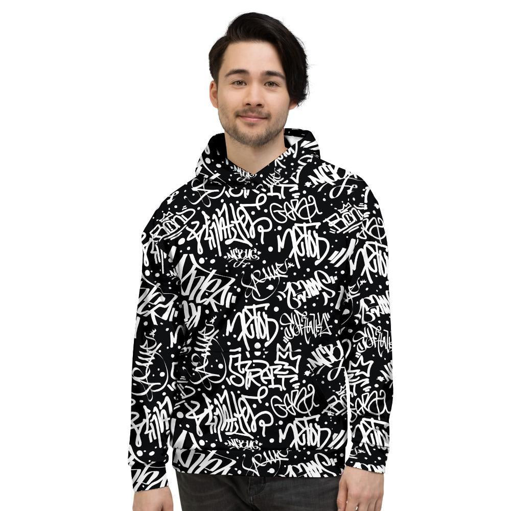 White And Black Graffiti Doodle Text Print Men's Hoodie-grizzshop