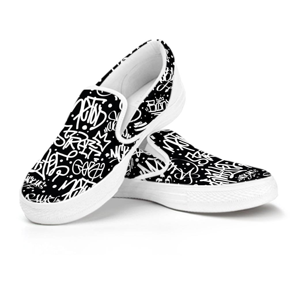 White And Black Graffiti Doodle Text Print Men's Slip On Sneakers-grizzshop
