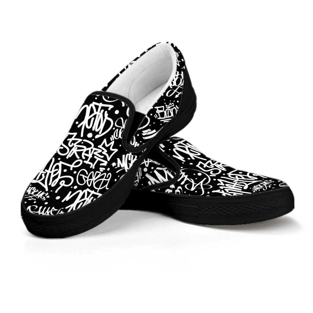 White And Black Graffiti Doodle Text Print Men's Slip On Sneakers-grizzshop