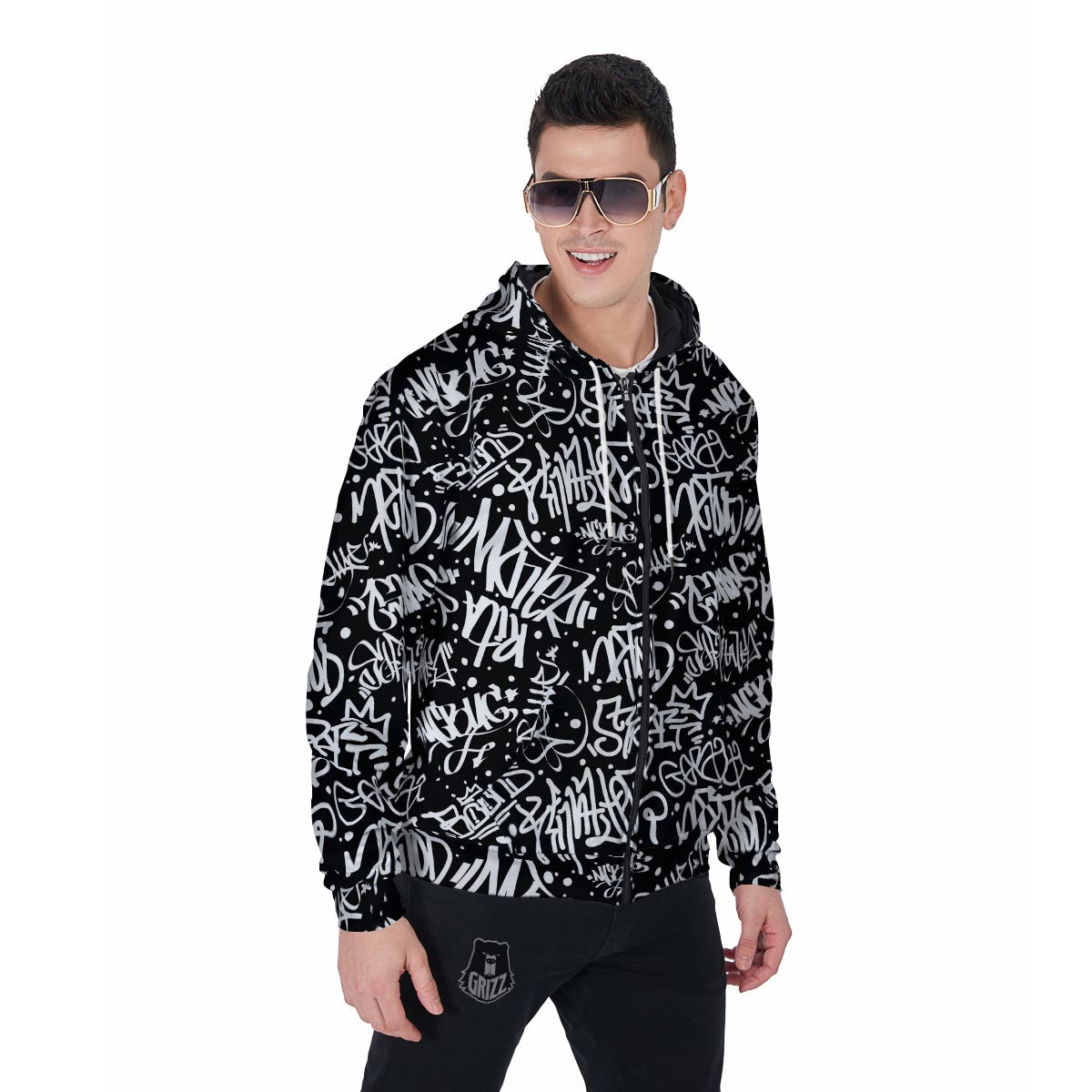 White And Black Graffiti Doodle Text Print Men's Zip Up Hoodie-grizzshop
