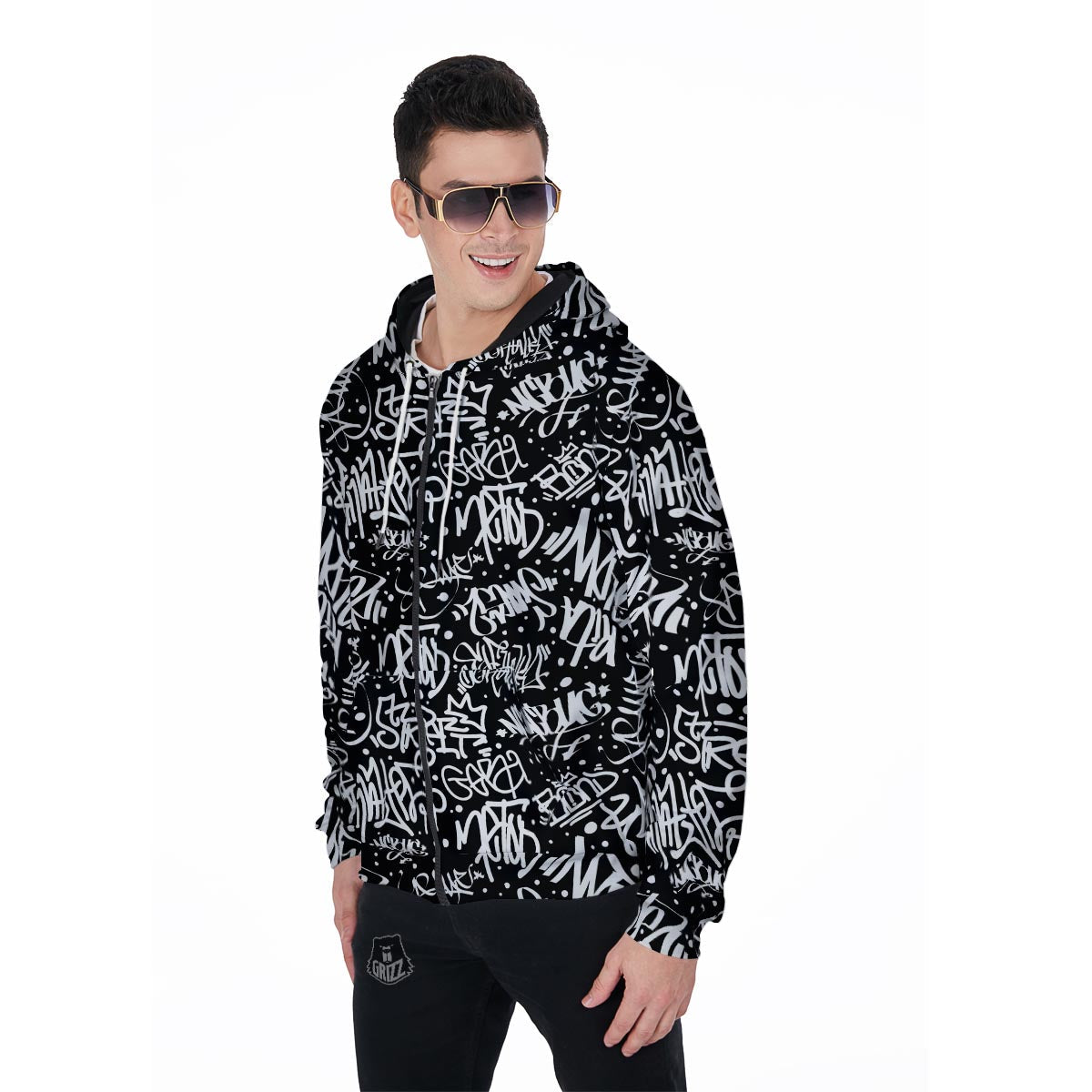 White And Black Graffiti Doodle Text Print Men's Zip Up Hoodie-grizzshop