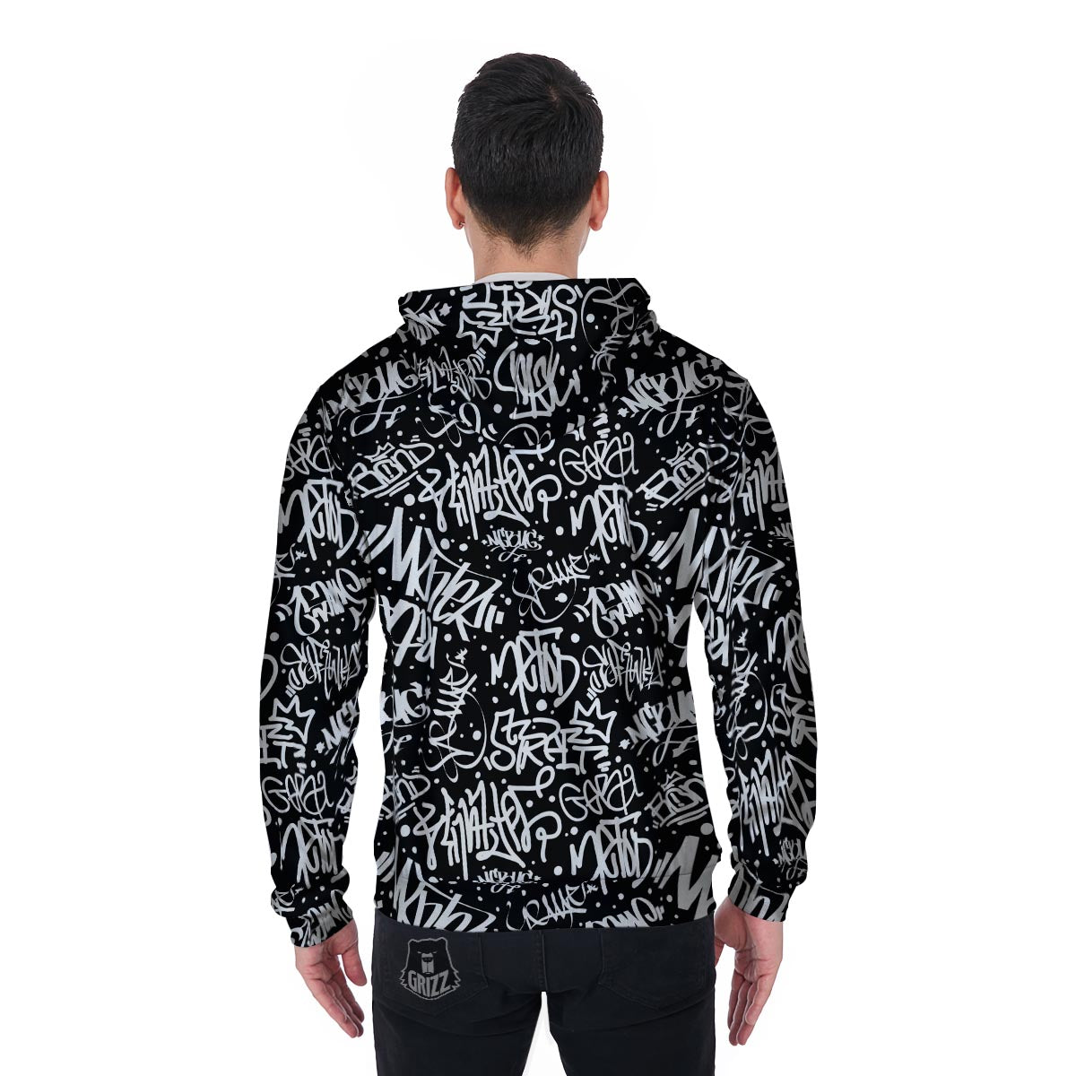 White And Black Graffiti Doodle Text Print Men's Zip Up Hoodie-grizzshop