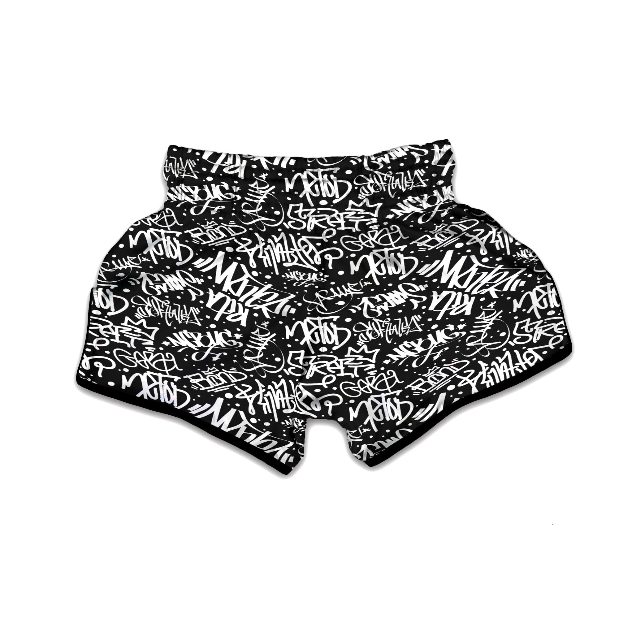 White And Black Graffiti Doodle Text Print Muay Thai Boxing Shorts-grizzshop